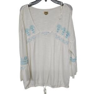 True Craft Embroidered Blouse Womens size Large Bell Sleeve Drawstring Peasant